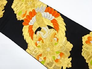 アンティーク　鶴丸文に華紋模様織出し袋帯（着用可）